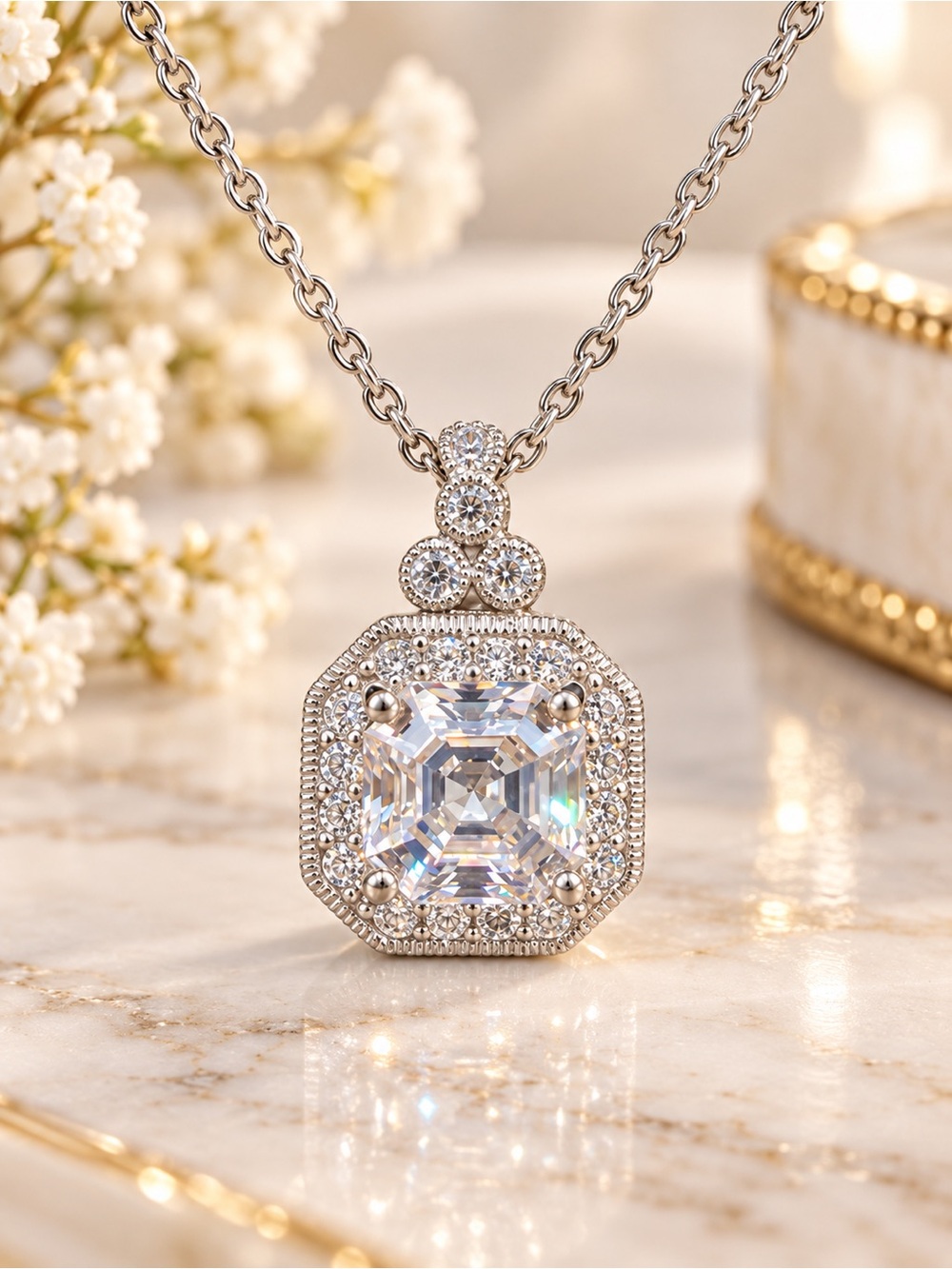 925 Sterling Silver Asscher Cut Zirconia Pendant Necklace